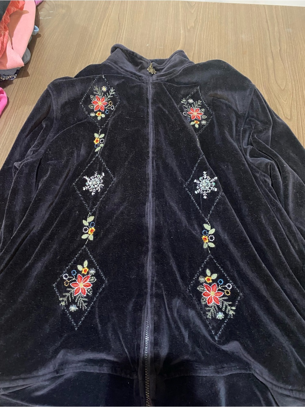 Embroidered Black Velvet Women's Zip Jacket